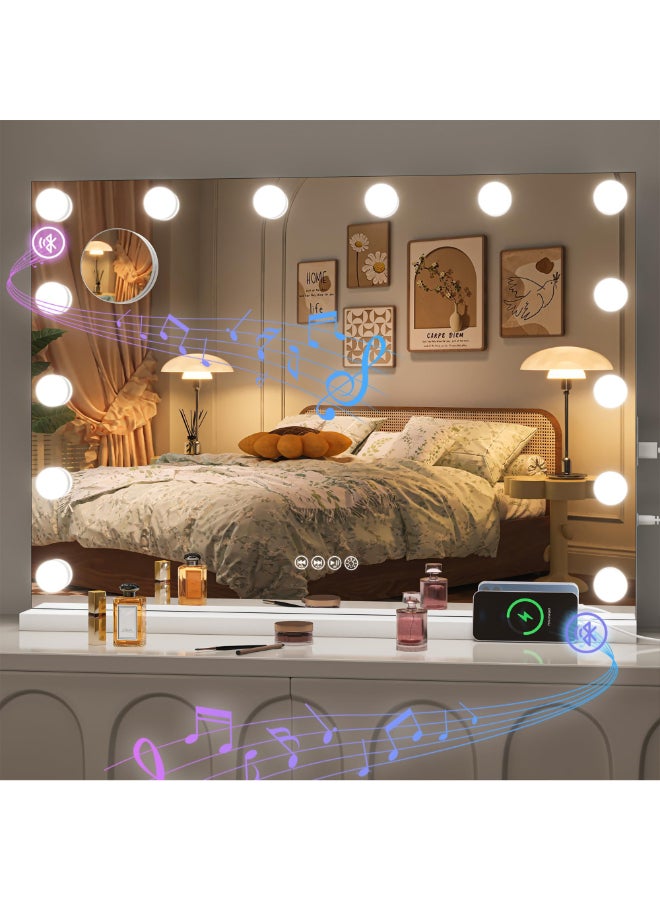 Hasipu Hollywood Vanity Mirror with Lights and Bluetooth Speaker 29 x 20 Makeup Mirror with 14 Dimmable LED Bulbs 3 Color Modes 5X Magnifying Glass Touch Control USB and TypeC Tempered Glass - Image 2