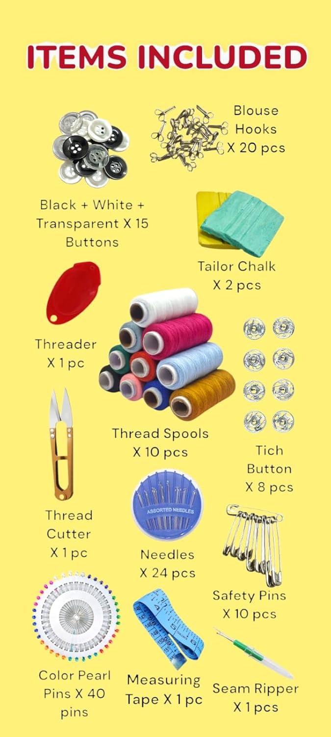 RIANZ Tailoring Travel Sewing Sets Kit Box with 10 Thread Spool Needles Measure Tape Bobbins Shirt and Pant Buttons Seam Ripper Scissor Pearl Pin etc with Sewing Kit Box Pack of 133 Pcs - Image 2
