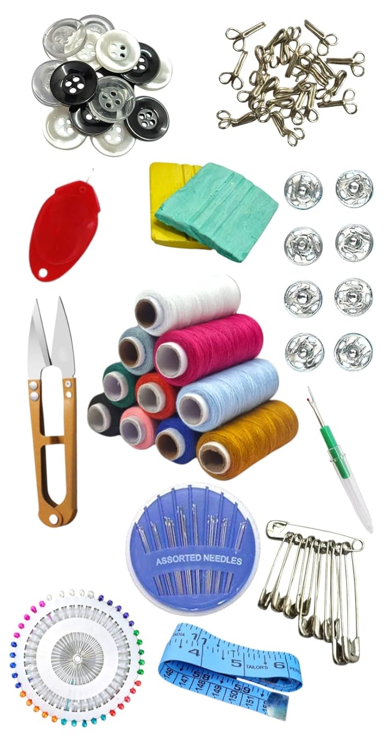 RIANZ Tailoring Travel Sewing Sets Kit Box with 10 Thread Spool Needles Measure Tape Bobbins Shirt and Pant Buttons Seam Ripper Scissor Pearl Pin etc with Sewing Kit Box Pack of 133 Pcs - Image 1