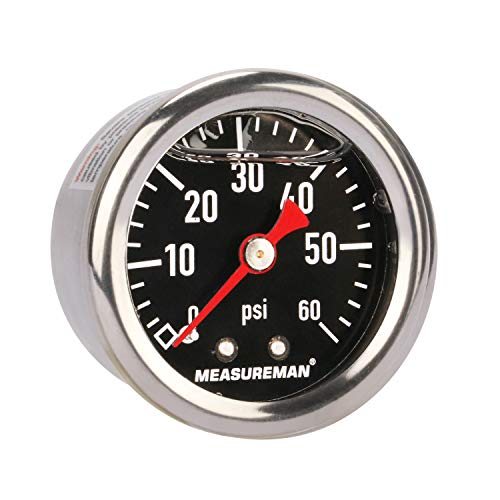 MEASUREMAN Fuel Pressure Gauge 0-60psi 1.5" Dial, 1/8" NPT Back, Stainless Steel Case, Brass Inside, Glycerin Filled, Black Dial - Image 1