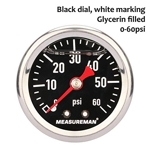 MEASUREMAN Fuel Pressure Gauge 0-60psi 1.5" Dial, 1/8" NPT Back, Stainless Steel Case, Brass Inside, Glycerin Filled, Black Dial - Image 3
