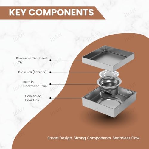 InArt Quadrate 5x5 Inch Tile Insert Floor Drain Jali | 304 Stainless Steel Invisible Shower Drain Channel for 13mm Tile | Anti-Cockroach Trap | Silver - 5 Year Warranty - Image 4