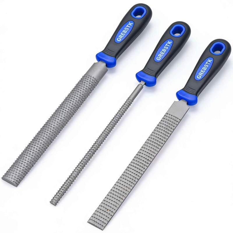 GREBSTK 12 inch Wood Rasp File Set with Rubber Grip Wood Course Cut Rasp 3 PCS Set, Round, Half-Round, Flat File Rasp - Image 1