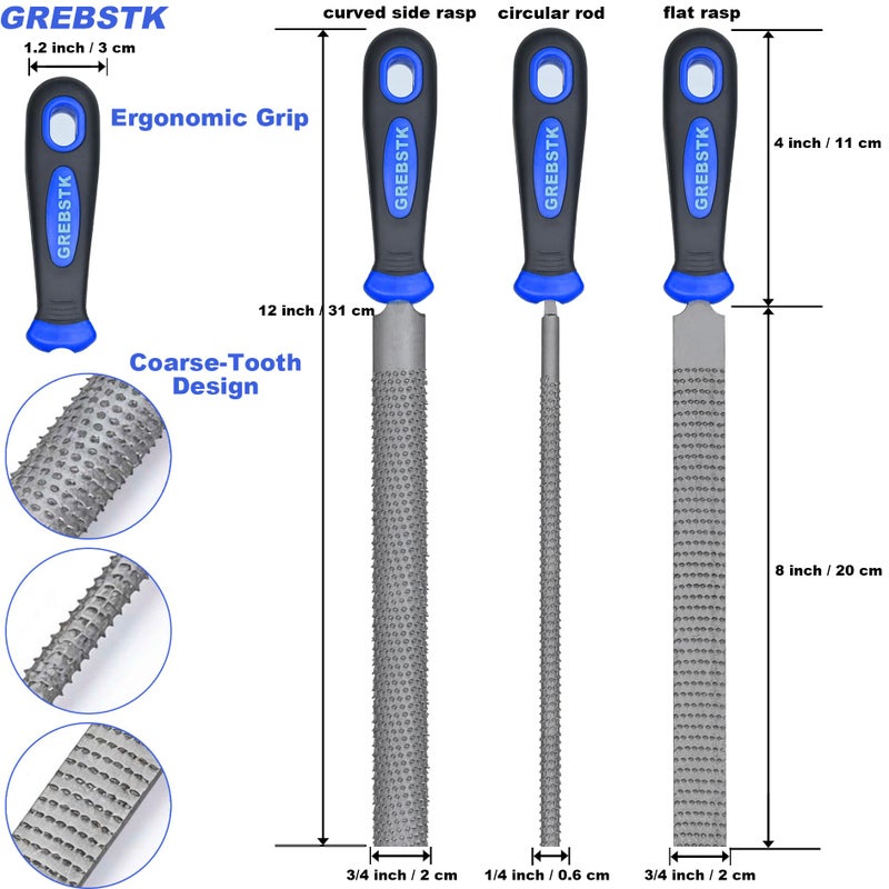 GREBSTK 12 inch Wood Rasp File Set with Rubber Grip Wood Course Cut Rasp 3 PCS Set, Round, Half-Round, Flat File Rasp - Image 2