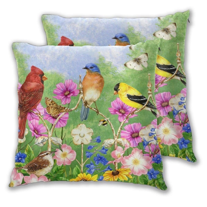 Pillowcase Set of 2 Rustic Flowers Birds Butterfly Spring Summer Throw Pillow Covers Shells for Couch Office Bedroom Home Decoration 18 X 18 Inches