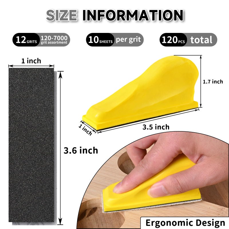 Shineboc 120 PCS Micro Sander Kit, Detail & Mini Hand Sanding Block, 120â€“7000 Grit Silicon Carbide Sandpaper Assortment for Wood, Crafts, Tight Spaces and DIY Projects - Image 2