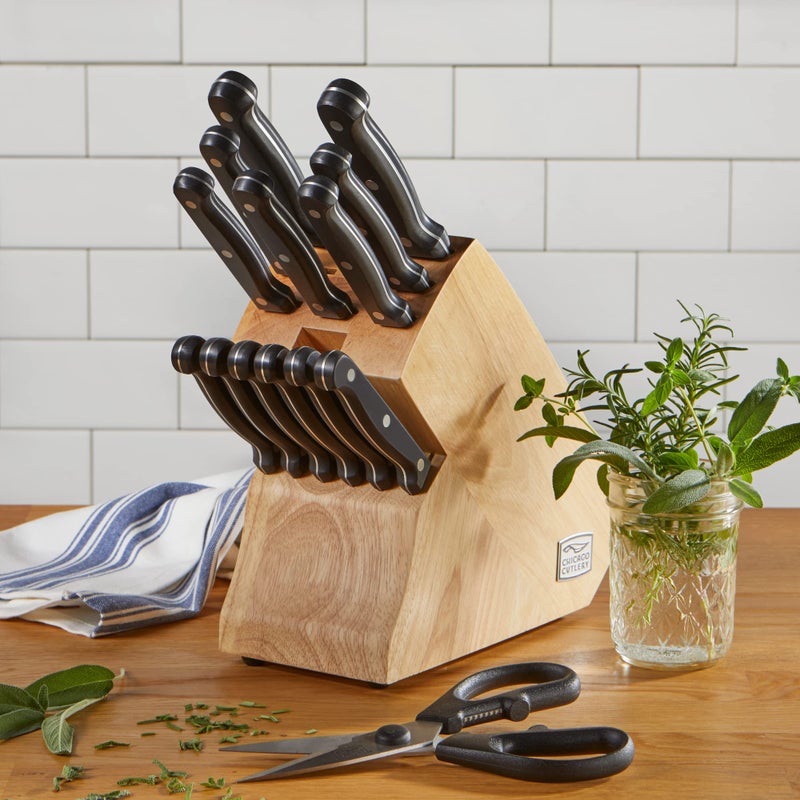 Chicago Cutlery Essentials 15 Piece Stainless Steel Kitchen Knife Set with Shears, Paring, Fruit, Utility, Santoku, Bread, and Steak Knives, Knife Set for the Kitchen with Block