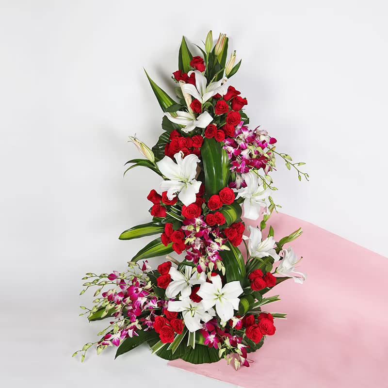 FlowerAura Fresh Live Flower Bouquet of 60 Roses 6 Lilies 20 Purple Flowers In Wooden Basket For Birthday Gift Anniversary Gift Wedding Gift Gift For Special Occasions Same Day Delivery - Image 1