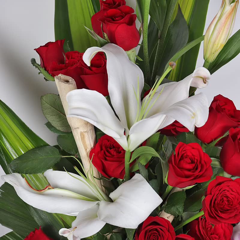 FlowerAura Fresh Live Flower Bouquet of 60 Roses 6 Lilies 20 Purple Flowers In Wooden Basket For Birthday Gift Anniversary Gift Wedding Gift Gift For Special Occasions Same Day Delivery - Image 3