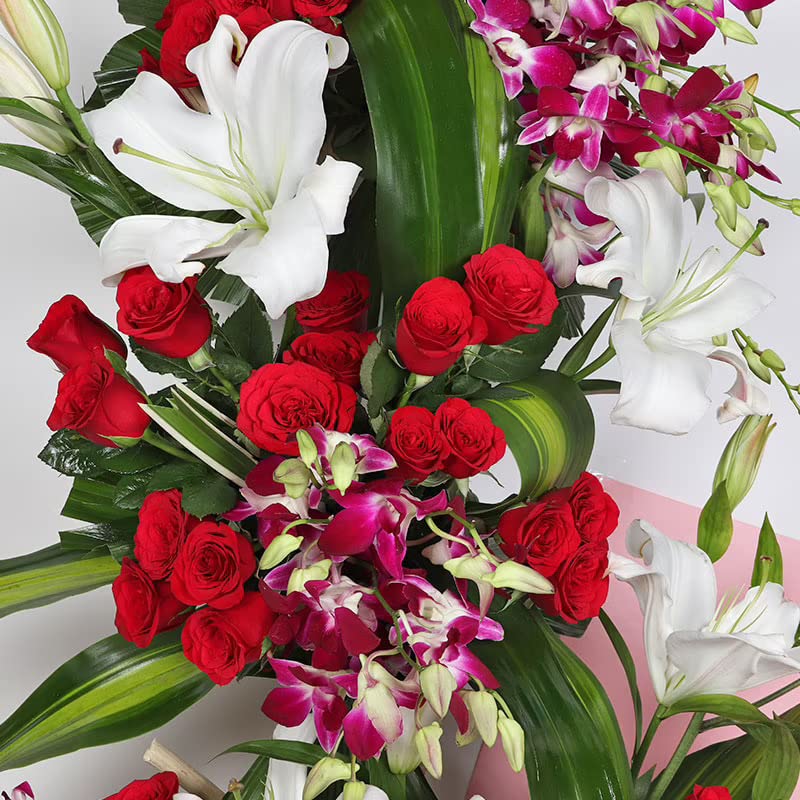 FlowerAura Fresh Live Flower Bouquet of 60 Roses 6 Lilies 20 Purple Flowers In Wooden Basket For Birthday Gift Anniversary Gift Wedding Gift Gift For Special Occasions Same Day Delivery - Image 4