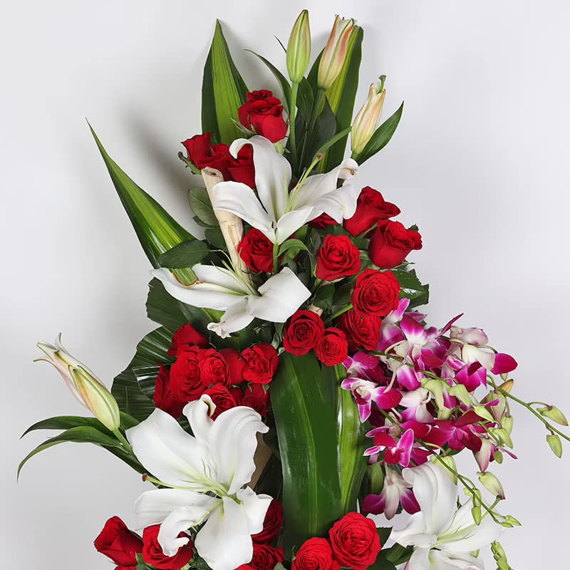 FlowerAura Fresh Live Flower Bouquet of 60 Roses 6 Lilies 20 Purple Flowers In Wooden Basket For Birthday Gift Anniversary Gift Wedding Gift Gift For Special Occasions Same Day Delivery - Image 2