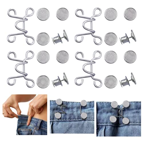 Urmspst 4 Set Pant Waist Tightener Adjustable Waist Buckle Set Extra Button for Jeans to Make Tighter Button Adjuster for Pants Jeans Skirts Sleeves Silver