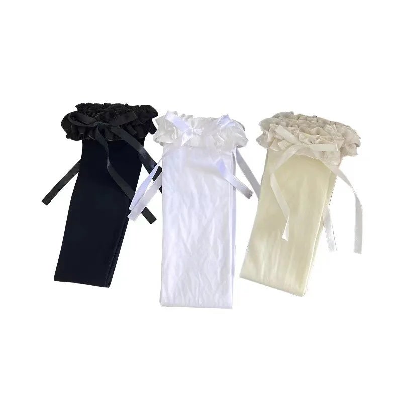 Women Lace Black White Ruffle Long Socks - Image 4