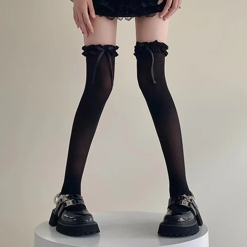 Women Lace Black White Ruffle Long Socks - Image 5