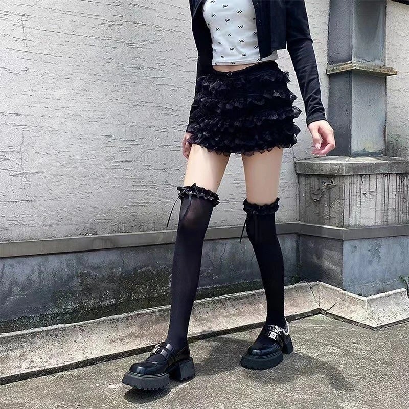 Women Lace Black White Ruffle Long Socks - Image 2