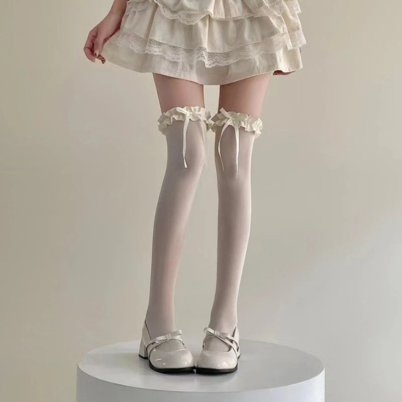 Women Lace Black White Ruffle Long Socks - Image 1