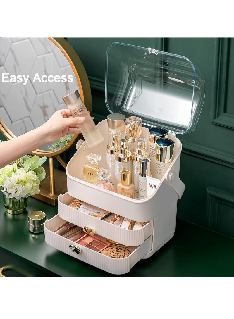 Sharpdo 3 Tiers Makeup Organizer Holder Cosmetic Storage Box with Dust Free Cover Portable Handle 2 Rroomy Drawers,Great for Bathroom Countertop Bedroom Dresser - Image 3