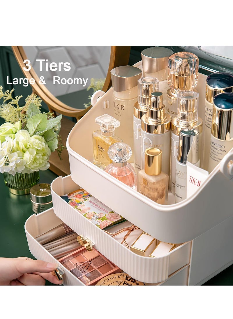 Sharpdo 3 Tiers Makeup Organizer Holder Cosmetic Storage Box with Dust Free Cover Portable Handle 2 Rroomy Drawers,Great for Bathroom Countertop Bedroom Dresser - Image 4