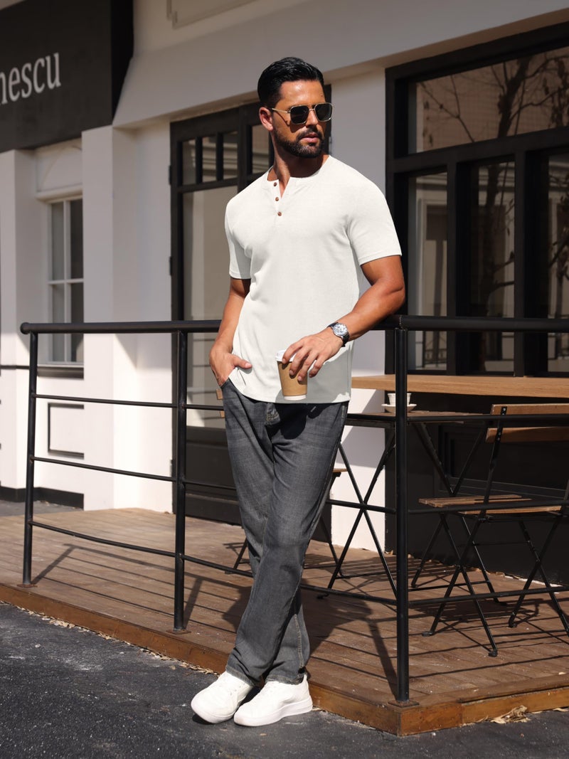 Sailwind Mens Muscle Henley Shirts Lightweight Workout T-Shirt Gym Tee Athletic Short Sleeve with Button White - Image 3