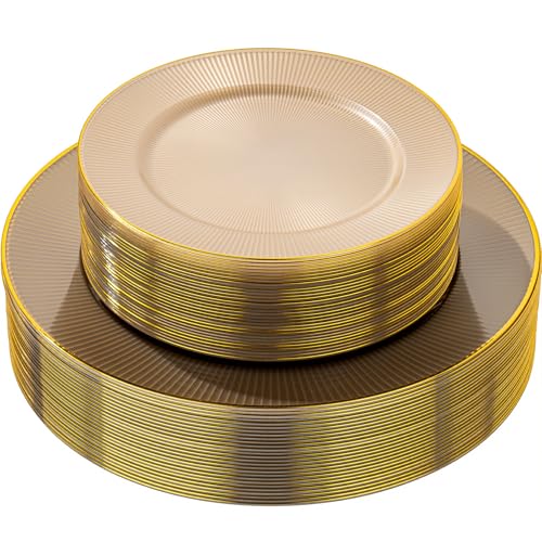 Hioasis 60pcs Brown and Gold Plastic Plates - Brown Disposable Dinnerware Set, 30pcs Dinner 10.25in & 30pcs Dessert 7.5in Plates with Striped Designs for Party & Wedding - Image 1
