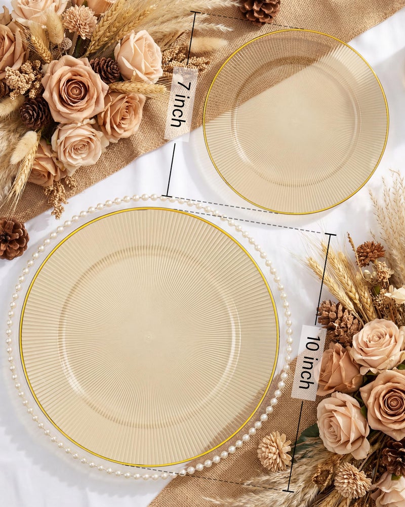 Hioasis 60pcs Brown and Gold Plastic Plates - Brown Disposable Dinnerware Set, 30pcs Dinner 10.25in & 30pcs Dessert 7.5in Plates with Striped Designs for Party & Wedding - Image 3