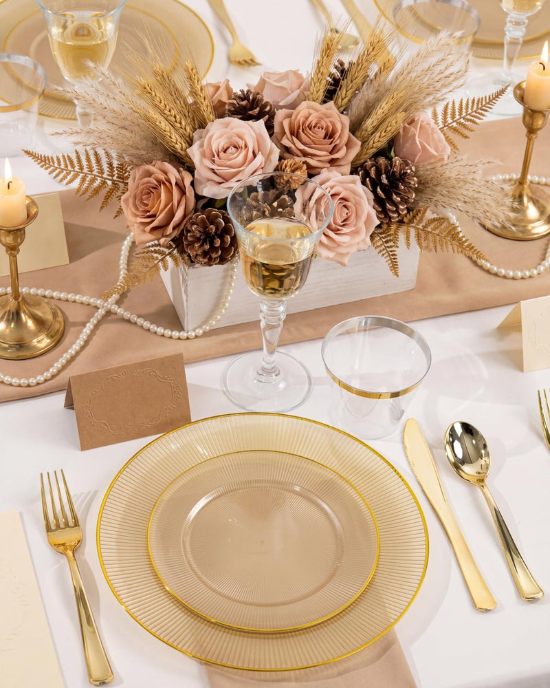 Hioasis 60pcs Brown and Gold Plastic Plates - Brown Disposable Dinnerware Set, 30pcs Dinner 10.25in & 30pcs Dessert 7.5in Plates with Striped Designs for Party & Wedding - Image 4