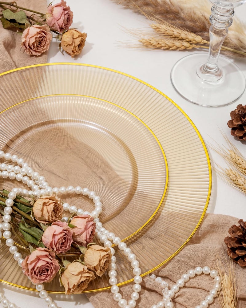 Hioasis 60pcs Brown and Gold Plastic Plates - Brown Disposable Dinnerware Set, 30pcs Dinner 10.25in & 30pcs Dessert 7.5in Plates with Striped Designs for Party & Wedding - Image 5