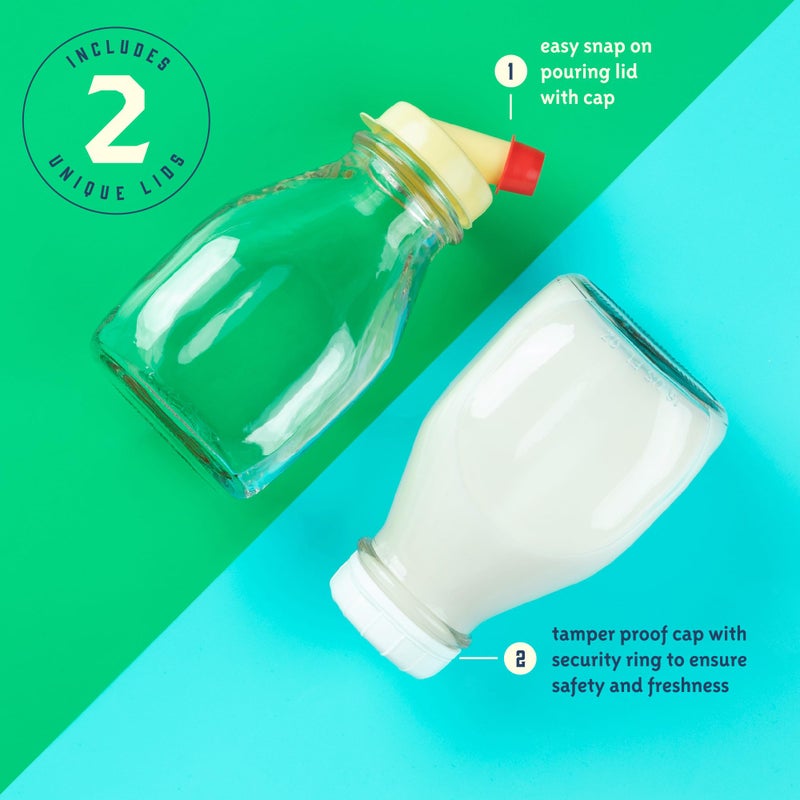 kitchentoolz 16 Oz Glass Milk Bottles with Lids (4 Pack) â€“ Reusable Glass Creamer and Juice Bottles â€“ Includes 8 Tamper-Proof Airtight Caps and One Silicone Pour Spout - Image 3