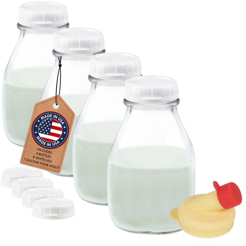 kitchentoolz 16 Oz Glass Milk Bottles with Lids (4 Pack) â€“ Reusable Glass Creamer and Juice Bottles â€“ Includes 8 Tamper-Proof Airtight Caps and One Silicone Pour Spout - Image 1