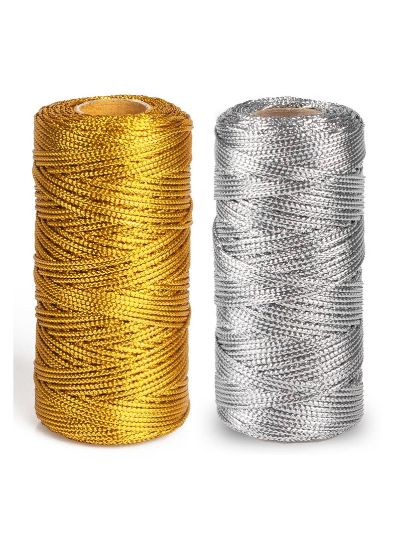 SOLARAE Metallic Cord Ribbon, 2 Rolls Tinsel String Rope, for Ornament Hanging, Decorating, DIY Crafts & Gift Wrapping, 1.5mm, Made from Polyester (Gold & Silver)(One Hundred Meters Per Roll) - Image 1
