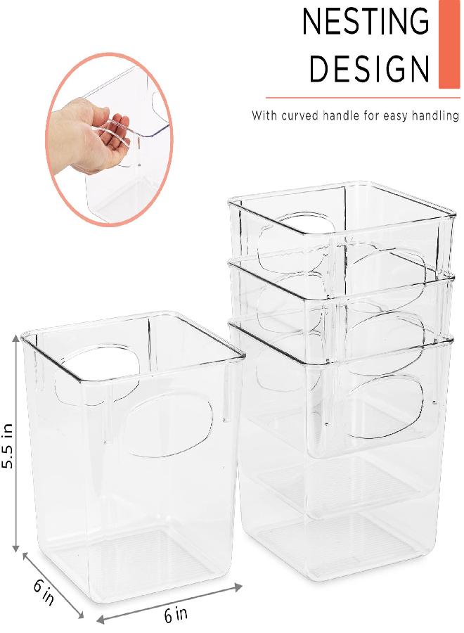 Sorbus Square Refrigerator Organizer Bins - Clear Plastic Pantry, Cabinet & Fridge Organizer for Kitchen Organization and Storage - Versatile Lightweight Bath, Makeup, Food & Snack Organizer (4 Pack) - Image 1