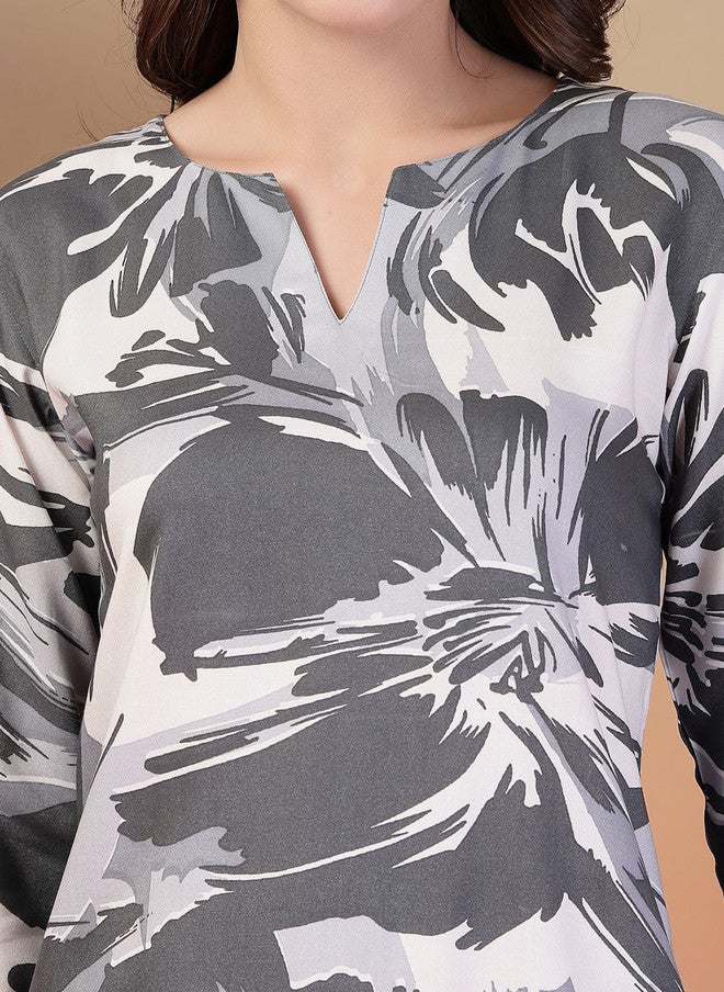 Indibelle Abstract Printed Tunic with Trousers Co-Ords in Grey - Image 2
