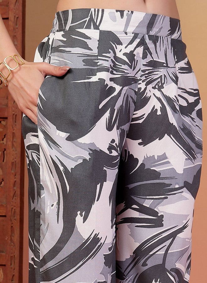Indibelle Abstract Printed Tunic with Trousers Co-Ords in Grey - Image 3
