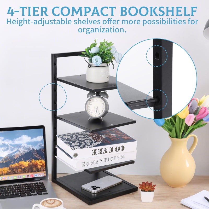 Rainmae 4-Tier Small Metal Bookshelf for Desktop, Adjustable Height Modern Bookcase, Space-Saving Book Storage Display Shelf Tabletop Organizer for Bedroom, Living Room, Office, Black - Image 5