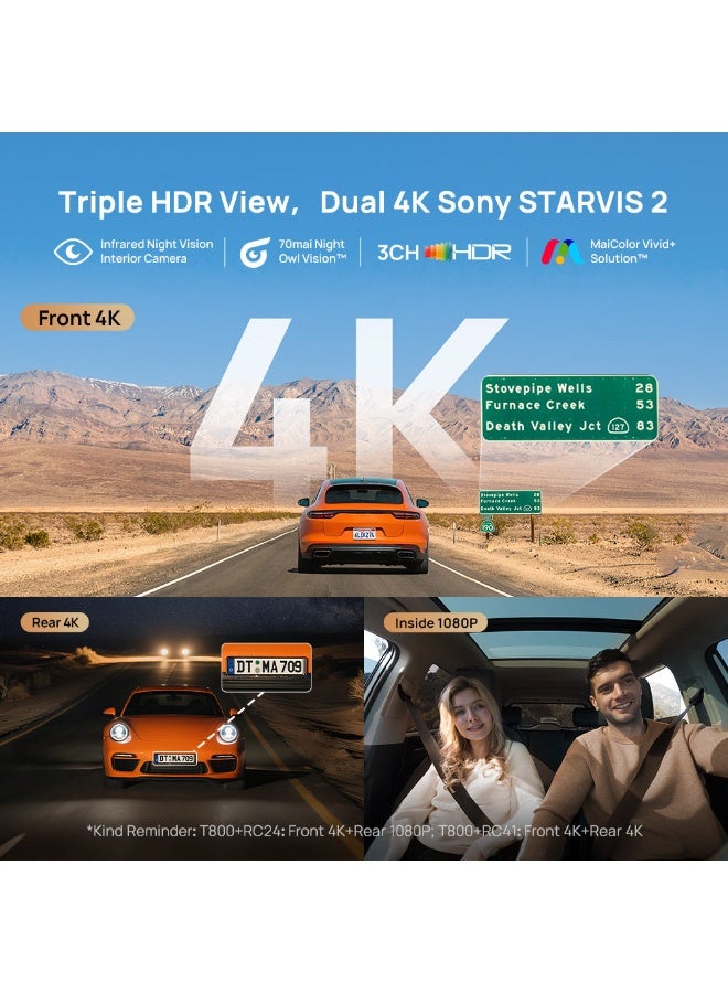 70 ماي كاميرا داش 70mai 4K ثلاثية القنوات T800-2، كاميرا سيارة مع كاميرا أمامية وخلفية داخلية (2160P+1080P+1080P)، STARVIS 2 IMX678، رؤية ليلية HDR، WiFi 6، دعم 4G LTE، بطاقة SD سعة 256GB مرفقة، وضع ركن 24 ساعة، مكثف فائق - Image 5
