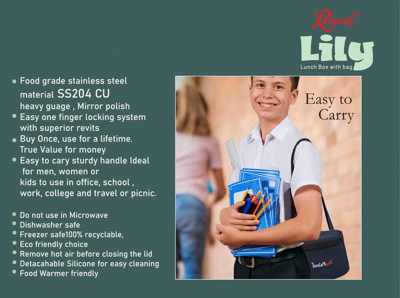 PDDFALCON Royal Lunch Box Stainless Steel Lunch Box Set, 100% Leak-Proof, BIS Certified, Jindal Seal & Made in India, Airtight with Lids,(Royal Lily with Bag 700ml (Sea Green) - Image 4