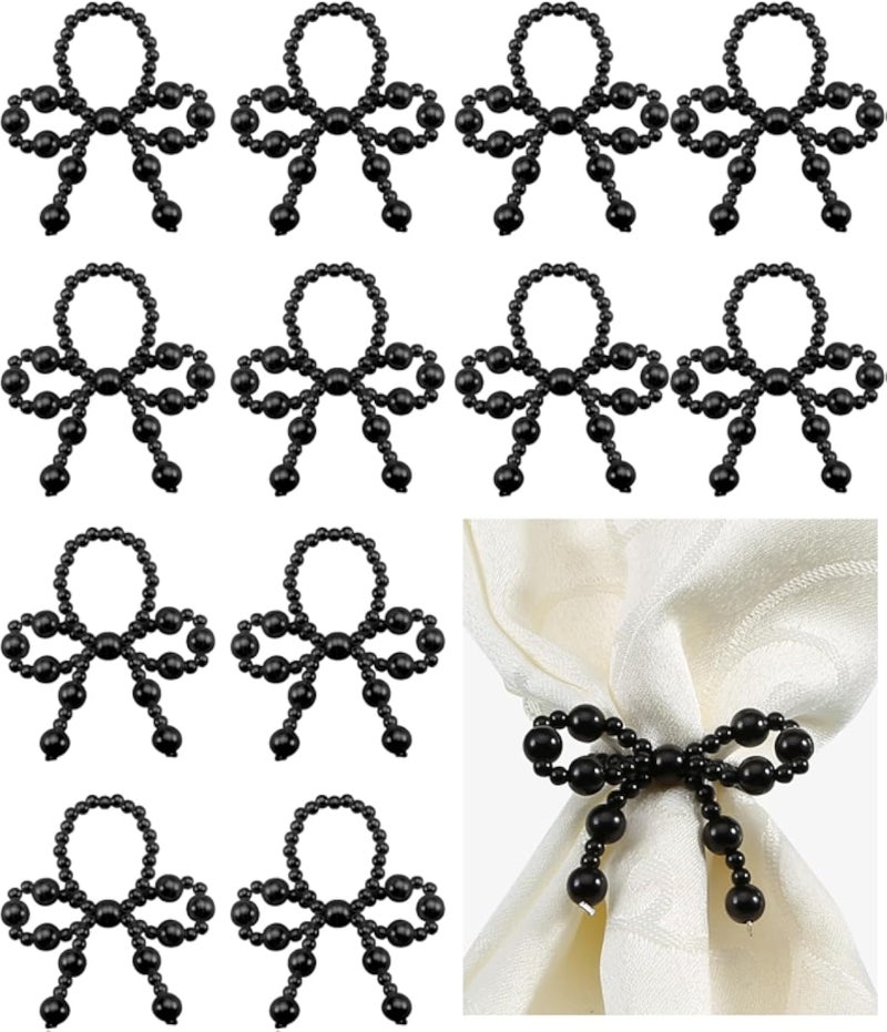 12 Pcs Black Pearl Napkin Rings Imitation Pearl String Elegant Napkin Holders for Weddings Dinner Parties and Everyday Use