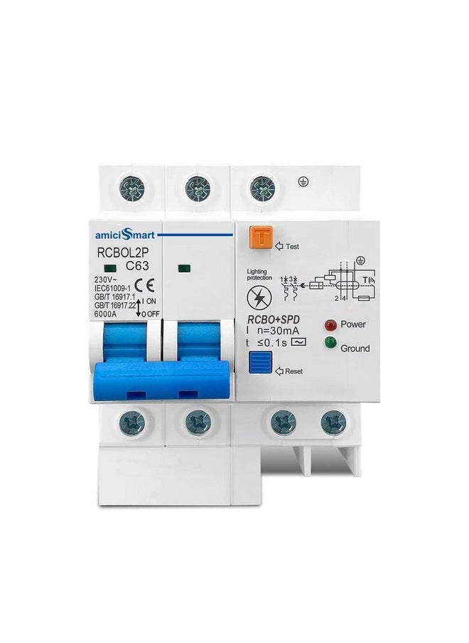 اميسي سمارت قاطع دائرة أحادي الطور 63A من amiciSmart مع حماية من التسرب/الصواعق وحامل Din Rail، 220 فولت تيار متردد  - Image 1