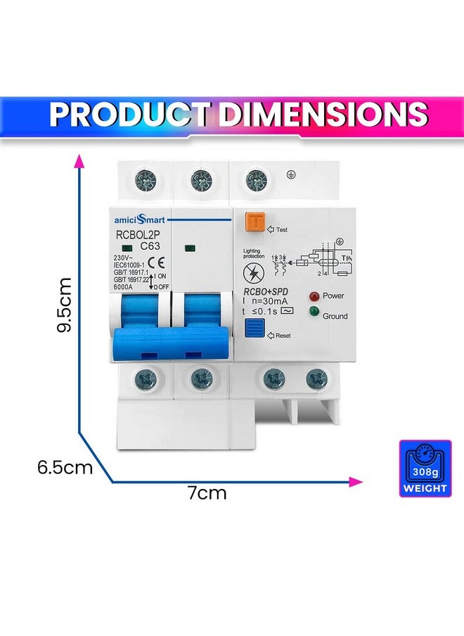 اميسي سمارت قاطع دائرة أحادي الطور 63A من amiciSmart مع حماية من التسرب/الصواعق وحامل Din Rail، 220 فولت تيار متردد  - Image 5