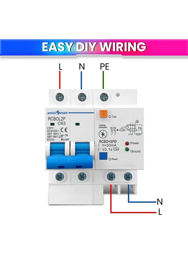 اميسي سمارت قاطع دائرة أحادي الطور 63A من amiciSmart مع حماية من التسرب/الصواعق وحامل Din Rail، 220 فولت تيار متردد  - Image 4
