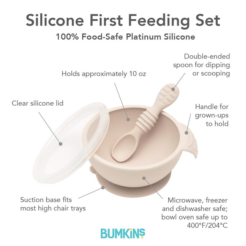 Bumkins Feeding Set with Suction, Includes Spoon and Lid, Training Essentials for Baby-Led Weaning, Toddler Self-Feeding, Babies Eating at 4 Mos Up, Beige - Image 5