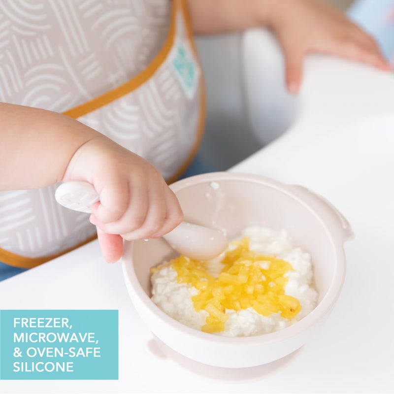 Bumkins Feeding Set with Suction, Includes Spoon and Lid, Training Essentials for Baby-Led Weaning, Toddler Self-Feeding, Babies Eating at 4 Mos Up, Beige - Image 4