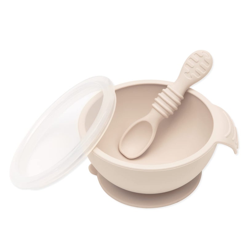 Bumkins Feeding Set with Suction, Includes Spoon and Lid, Training Essentials for Baby-Led Weaning, Toddler Self-Feeding, Babies Eating at 4 Mos Up, Beige - Image 1