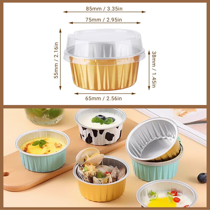 AiQiaoXin 50PCS Mixed color Disposable Ramekins with lids,5oz Mini Aluminium Foil Baking Cups Creme Brulee Cupcake Liners, Desert Cheesecake Pans Flan Molds Tin Cups Containers for Party - Image 2