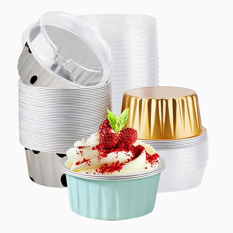 AiQiaoXin 50PCS Mixed color Disposable Ramekins with lids,5oz Mini Aluminium Foil Baking Cups Creme Brulee Cupcake Liners, Desert Cheesecake Pans Flan Molds Tin Cups Containers for Party - Image 1