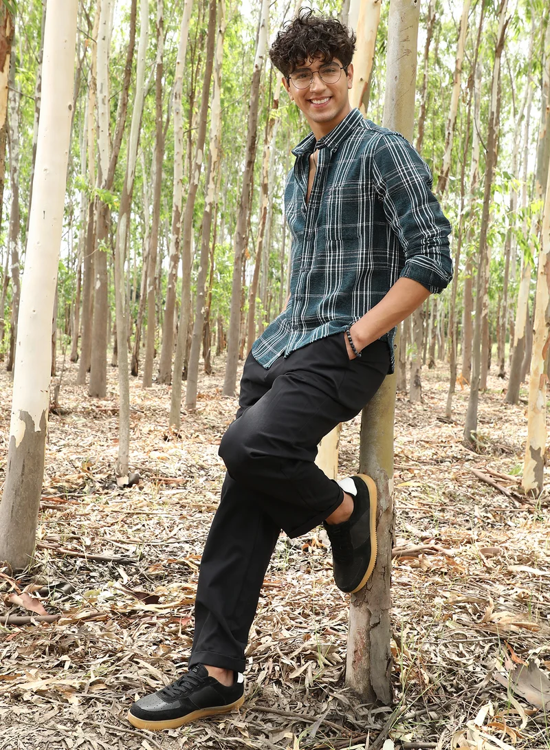 Campus Sutra Campus Sutra Men's Emerald Green Plaid-Woven Regular Shirt | Button-Down Collar , Long Sleeve Cuffed Sleeves , Button Closure | Plaid Plaid | Cotton-Blend Shirt For Casual Wear
