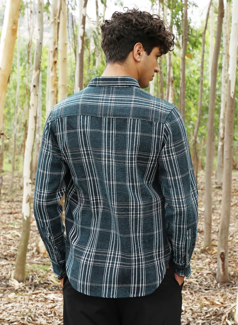 Campus Sutra Campus Sutra Men's Emerald Green Plaid-Woven Regular Shirt | Button-Down Collar , Long Sleeve Cuffed Sleeves , Button Closure | Plaid Plaid | Cotton-Blend Shirt For Casual Wear