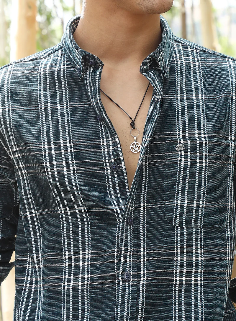 Campus Sutra Campus Sutra Men's Emerald Green Plaid-Woven Regular Shirt | Button-Down Collar , Long Sleeve Cuffed Sleeves , Button Closure | Plaid Plaid | Cotton-Blend Shirt For Casual Wear