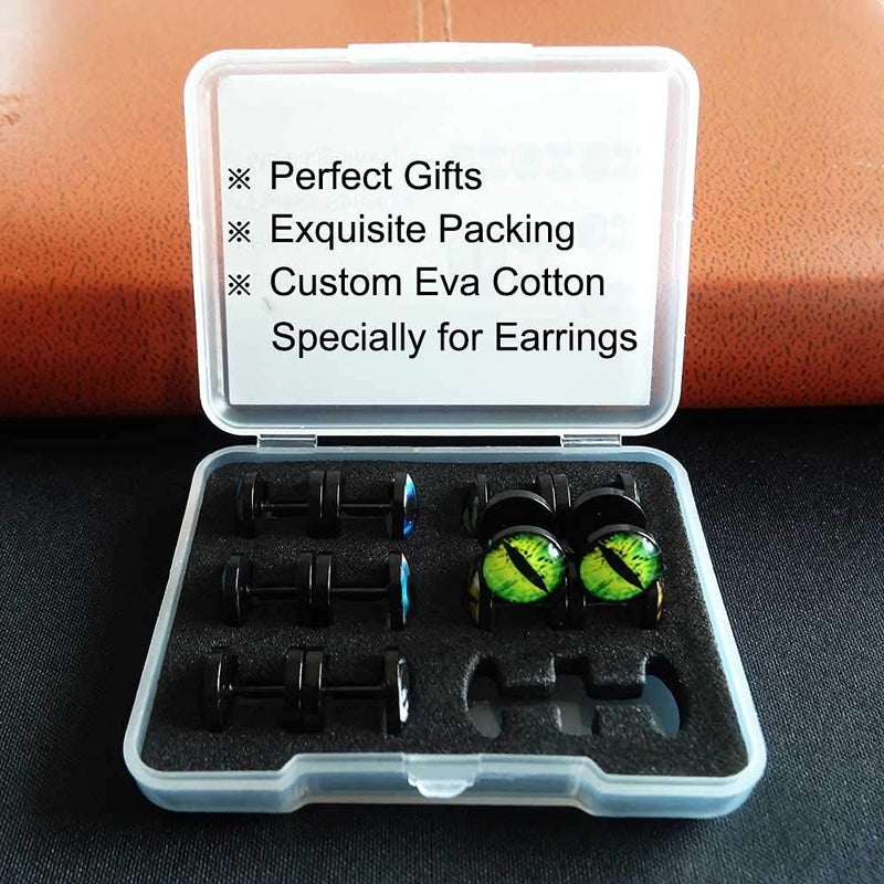 FLYUN 6Pairs Black Surgical Steel Eyeball Mens Earring Fake Gauge Earrings Men's Faux Plugs Earring for Men Studs with Screw Flatback (Black) - Image 4