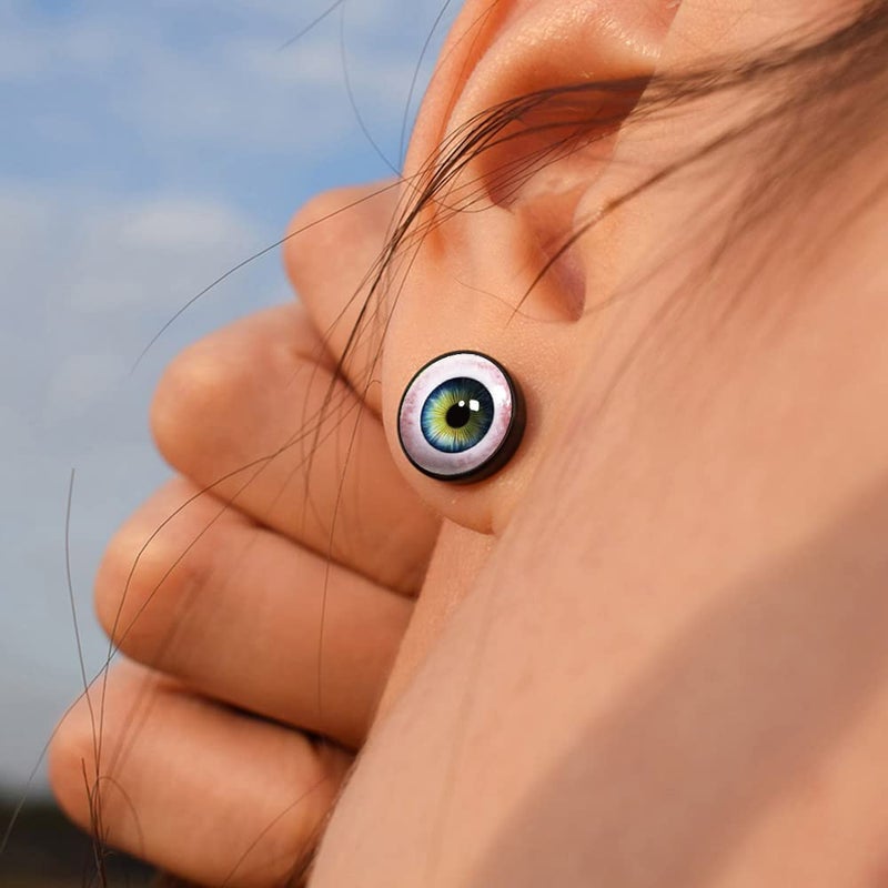 FLYUN 6Pairs Black Surgical Steel Eyeball Mens Earring Fake Gauge Earrings Men's Faux Plugs Earring for Men Studs with Screw Flatback (Black) - Image 2